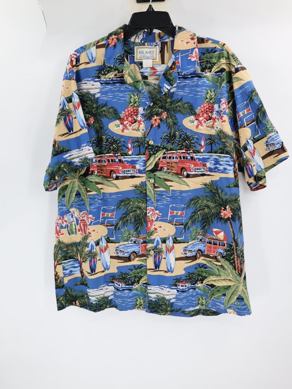 Vintage Kalaheo Hawaiian Shirt Mens XL Cars Surfboards woody Palm Camp Collar